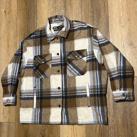 ZARA Oversized Plaid Shaket Jacket L Italian Wool Fabric Blue Brown Grunge 90s - Picture 3 of 7
